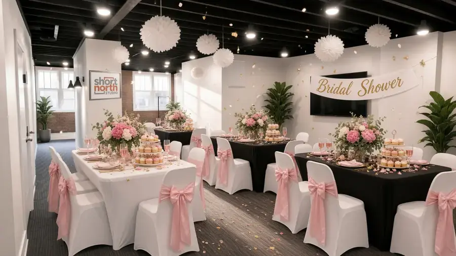 Studio set with long tables and pink chair sashes for a bridal shower