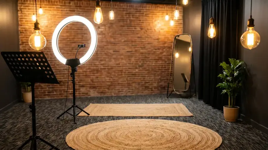 Content studio corner with a ring light, brick wall, and Edison bulbs