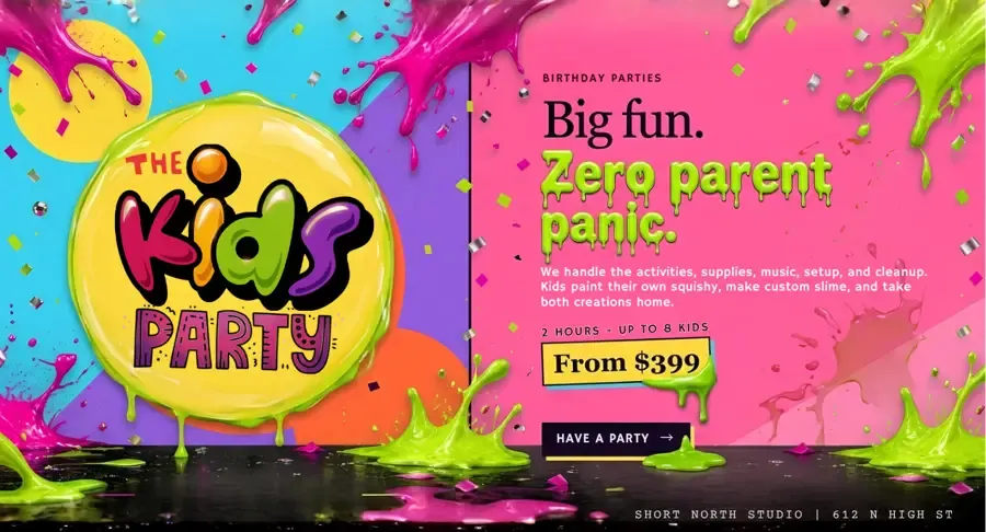The Kids Party at Short North Studio. Big fun, zero parent panic. Two hours, up to 8 kids, from $399.