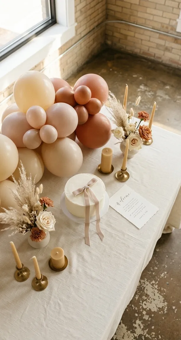 A baby shower table styled with blush and terracotta balloons, dried florals, gold candlesticks, and a ribbon-tied cake